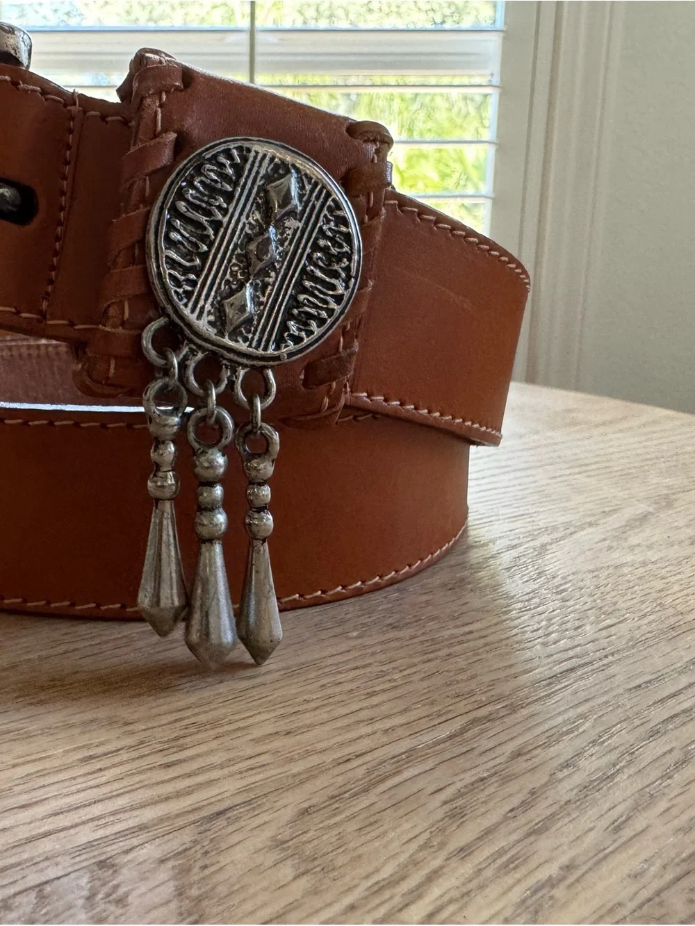 Brown Leather womens Belt with Silver Western Concho 33” vintage